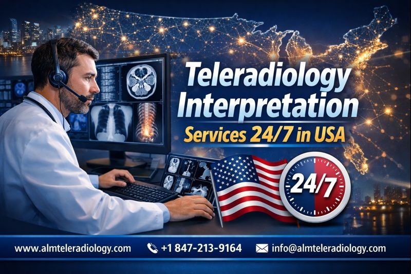 Teleradiology interpretation services 24/7 in USA — ALM Teleradiology board-certified radiologist remotely reading CT scan and MRI images on dual monitors for a Chicago Illinois hospital
