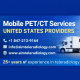 Mobile PET/CT Services United States Providers promotional banner featuring a mobile PET/CT trailer, ALM Teleradiology logo in the corner, contact details, and a blue professional healthcare design background.