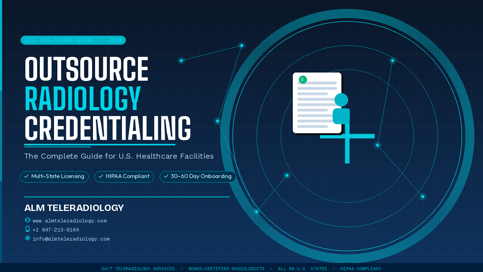 A U.S. board-certified radiologist reviewing credentialing documents and multi-state medical licenses on a desk, representing outsourced radiology credentialing services by ALM Teleradiology