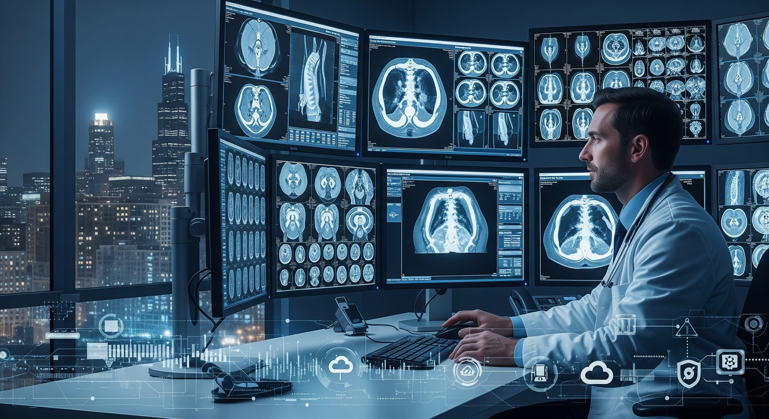 A board-certified radiologist analyzing a high-resolution MRI brain scan on multiple monitors within a dark reading room, representing ALM Teleradiology services.
