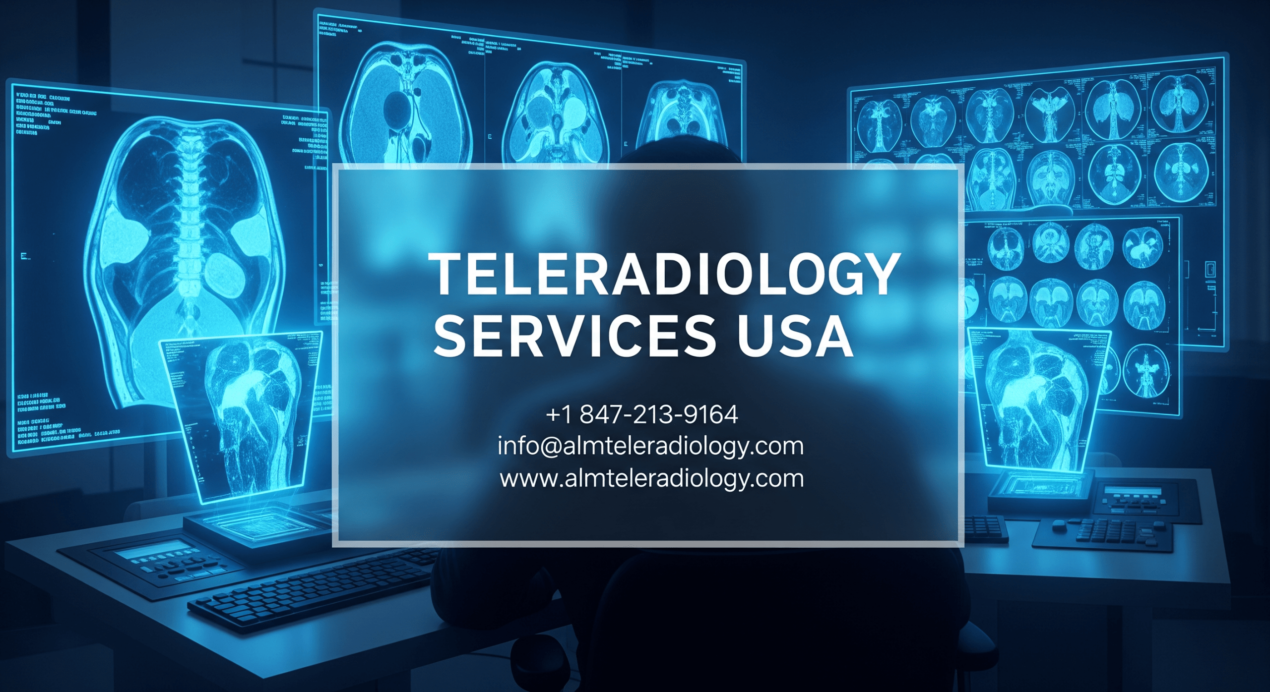 Teleradiology services USA: A board-certified radiologist reviewing a digital CT scan on high-resolution monitors in a dimly lit command center.