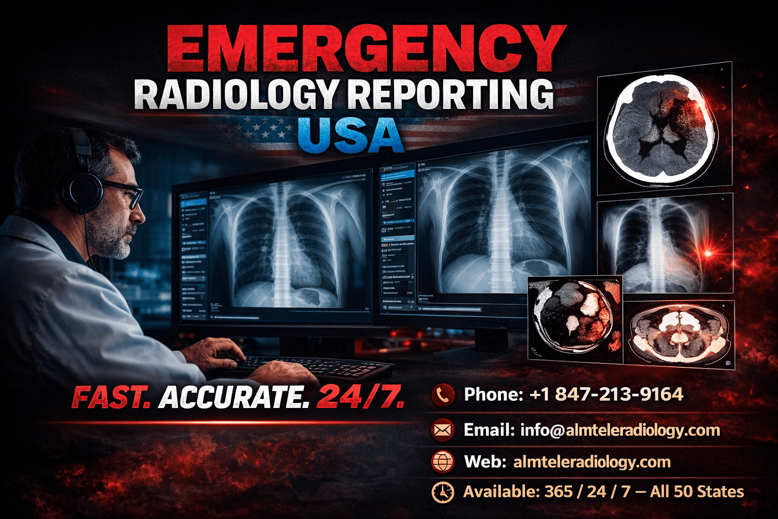 Emergency Radiology Reporting USA specialist reviewing CT and X-ray scans on multiple monitors with 24/7 teleradiology services across all 50 states.