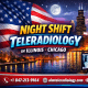 Night Shift Teleradiology in Illinois Chicago with USA flag and Chicago skyline showing remote radiologist analyzing X-ray scans for hospitals and diagnostic centers.