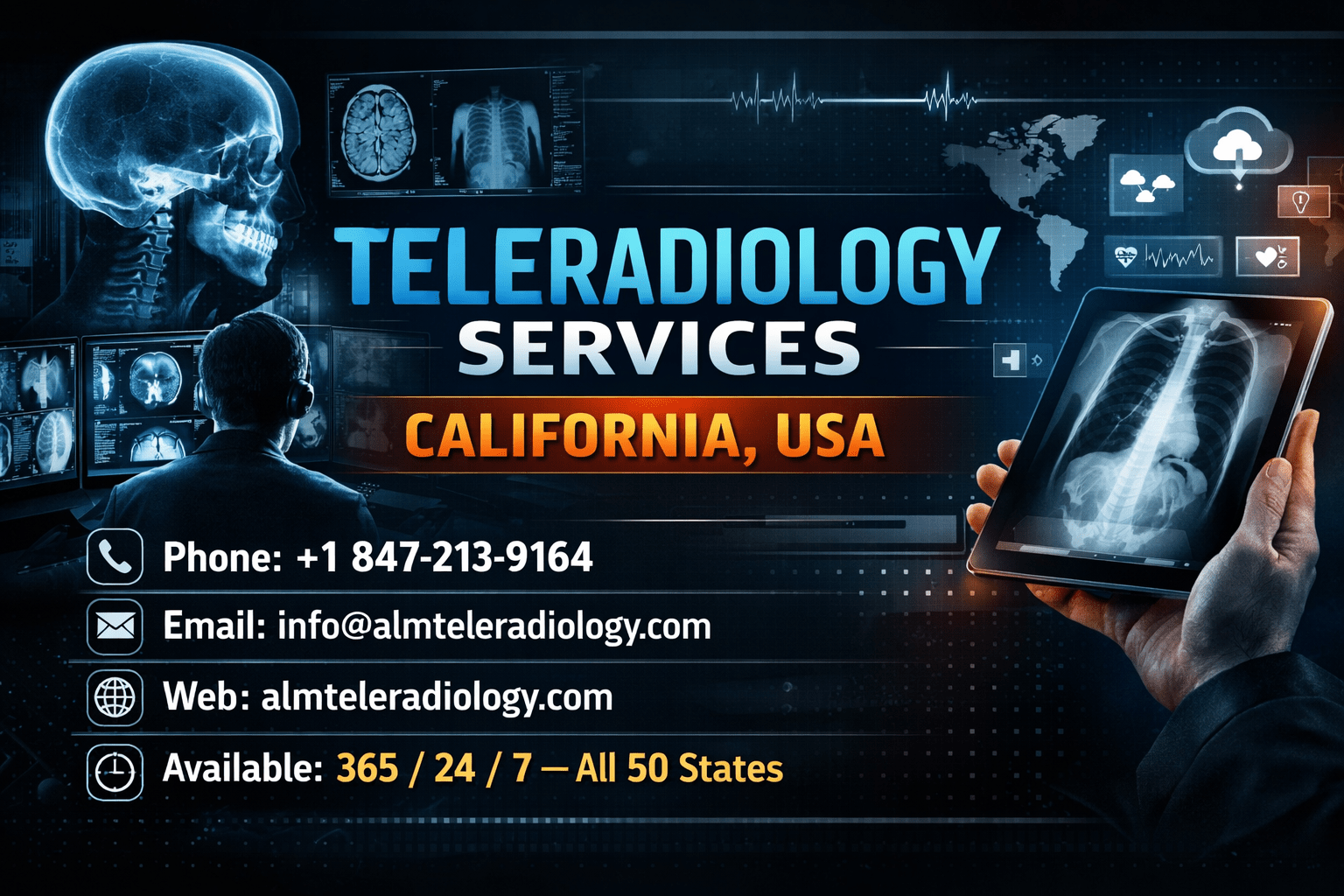 Teleradiology Services California USA with radiologist analyzing X-rays on digital screens and 24/7 reporting services