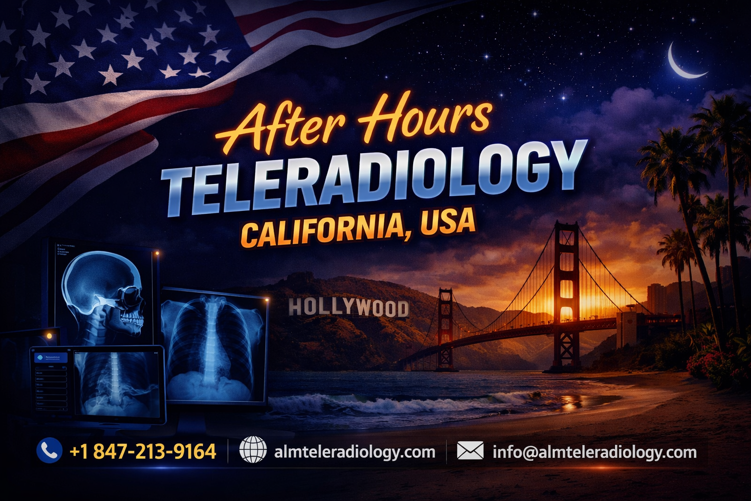 After hours teleradiology california USA with USA flag, Golden Gate Bridge, and radiology X-ray screens at night