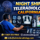 Night shift teleradiology California showing radiologist reviewing CT MRI X-ray scans remotely with 24/7 reporting by ALM Teleradiology