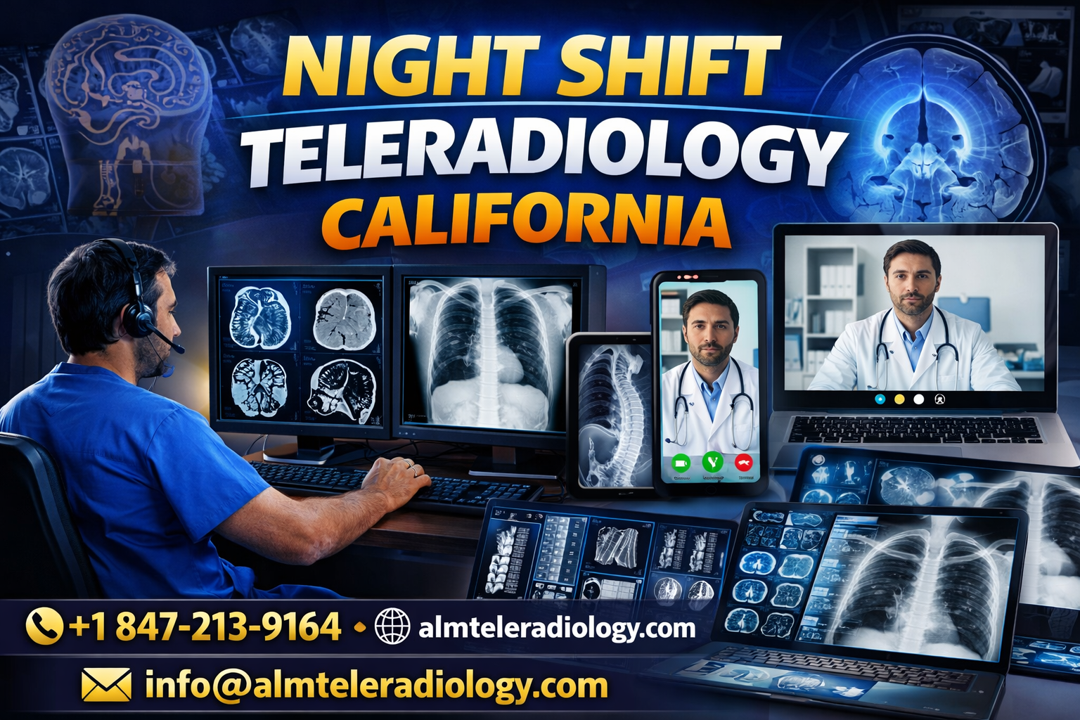 Night shift teleradiology California showing radiologist reviewing CT MRI X-ray scans remotely with 24/7 reporting by ALM Teleradiology