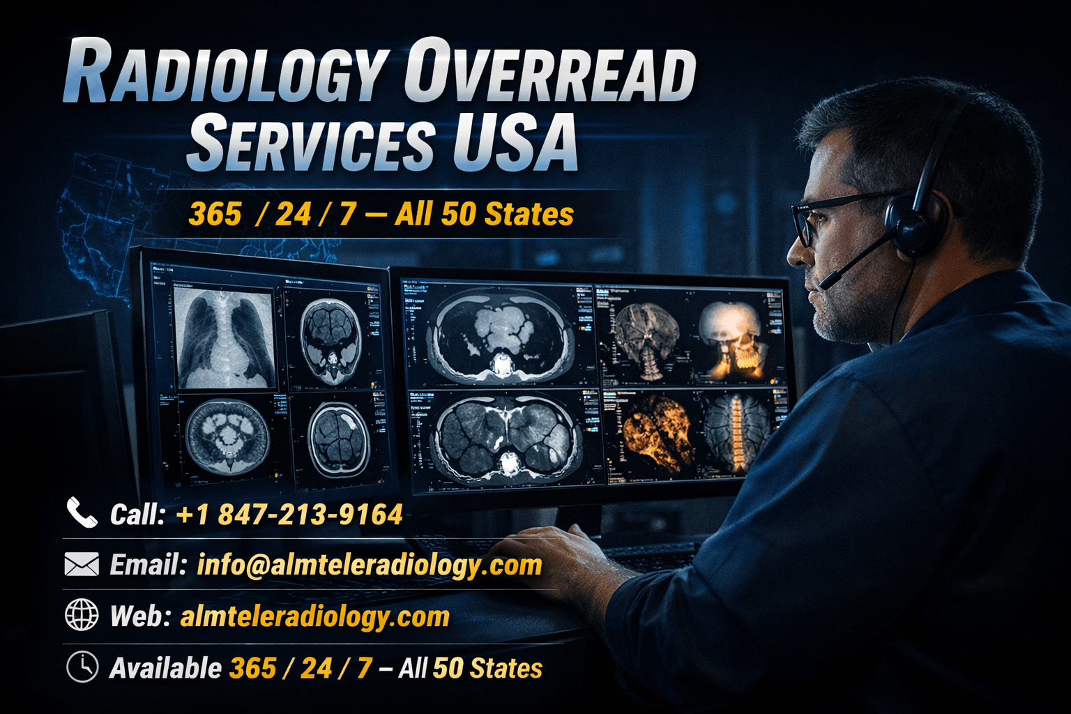 Radiology Overread Services USA specialist radiologist reviewing CT, MRI, and X-ray scans on multiple monitors with 24/7 nationwide teleradiology coverage.