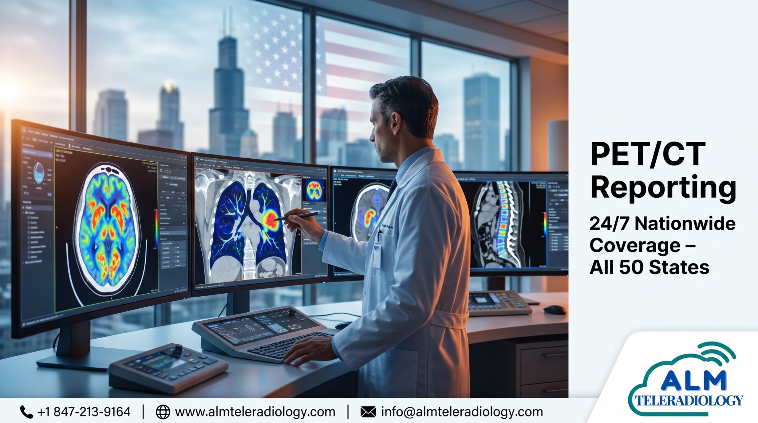 PET/CT Reporting Services in Florida with radiologist analyzing PET CT scans on advanced imaging workstation