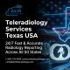 Teleradiology services Texas USA showing digital radiology scans, connected healthcare network, USA flag, and advanced 24/7 diagnostic reporting system