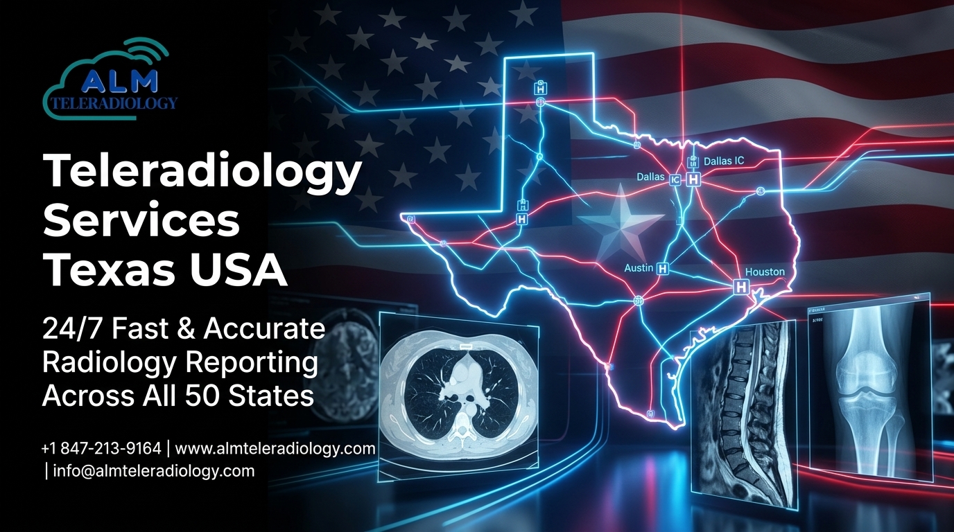 Teleradiology services Texas USA showing digital radiology scans, connected healthcare network, USA flag, and advanced 24/7 diagnostic reporting system